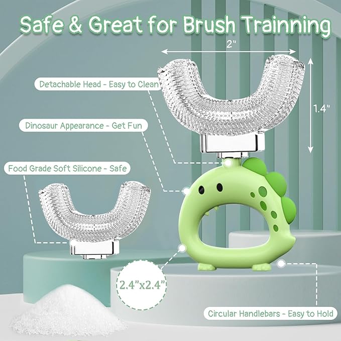 U Shaped Toothbrush - for Kids, Manual Whole Mouth Toddler Toothbrush Age 2-4 5 6 & up,Food Grade Soft Silicone Brush, 360° Oral Teeth Cleaning, Good for Dental Health, 2 Green
