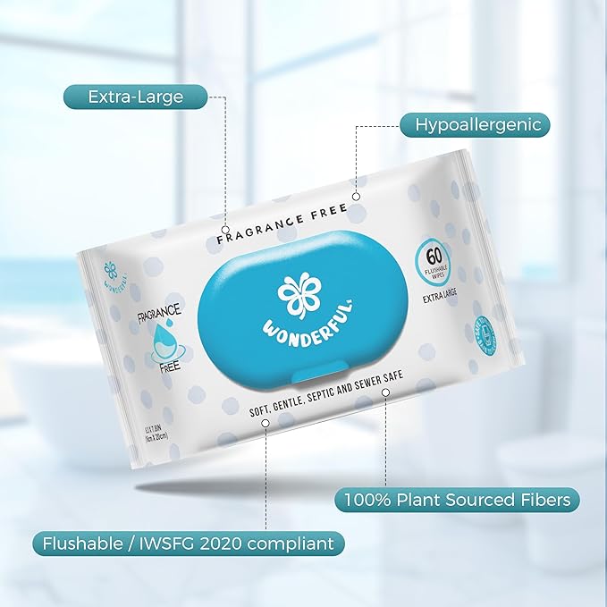 WONDERFUL Flushable Butt Wipes, Unscented 100% Plant-Based Wet Wipes for Adults & Kids, Sewer & Septic Safe, Gentle for Sensitive Skin, Wipes Flushable Pack for Bathroom & Travel, 1-Pack (60 Wipes)