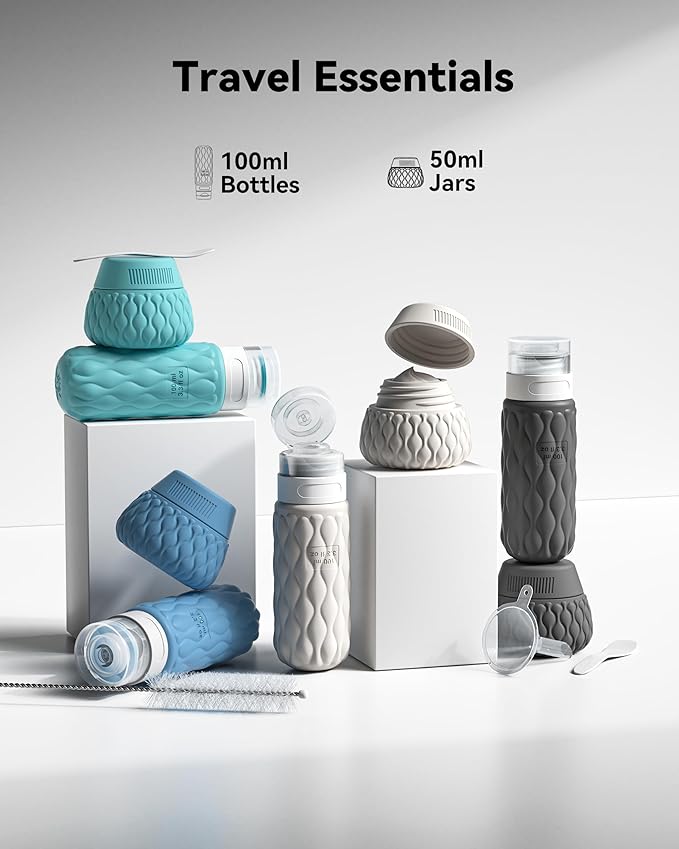 Silicone Travel Bottles for Toiletries 8 Pack Travel Size Toiletries 3.4 oz 1.7 oz, Leakproof Squeeze Travel Size Containers Refillable Cosmetic Jars Set for Shampoo, Conditioner, Creams