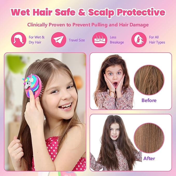 Toddler Hair Brush – Pink Mini Air Cushion Brush for Kids, Little Girls & Princesses – Gentle Detangling Comb for Wet & Dry Hair, Unicorn Hairbrush for Girls, Travel-Friendly