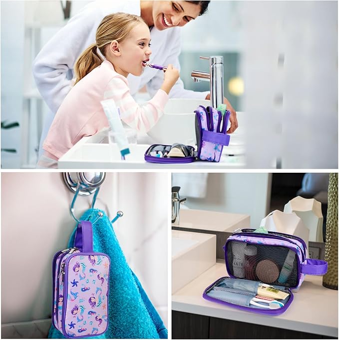 Kids Toiletry Bag for Girls, Travel Toiletry Bag for Little Young Girls Cosmetic Bag Makeup Bag Waterproof Hanging Wash Bag Toddler Toiletries, Mermaid Purple
