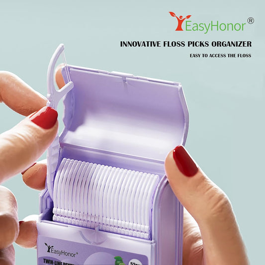 EasyHonor Dental Floss Picks,Twin-Line Lemon Flavor Dental Flossers, Dual Action Flossing System, Easy Carry and Pick, 156 Count Floss Sticks in 3 Portable case.(Purple, Lemon)