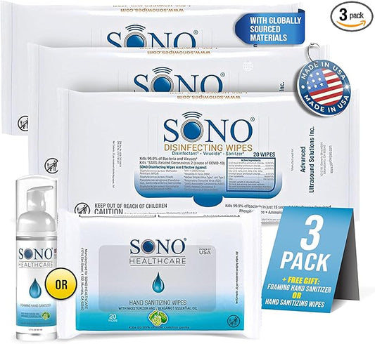 SONO Disinfecting Wipes - 60 Count (Pack of 3) + Sanitizer, Travel Size, Alcohol-Free, No Bleach, Medical-Grade, Multi-Surface Cleaning for School, Office, and On-The-Go