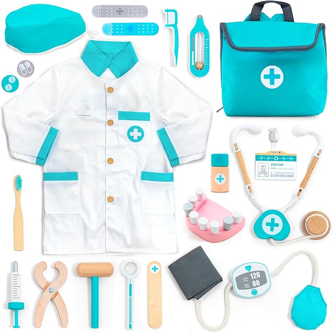 UMU® Wooden Doctor Kit for Kids – Doctor & Dentist Play Set for Toddlers with Dr Coat, Stethoscope, Tooth Model & More – Dress Up & Pretend Play – Medical Toy for Boys and Girls Ages 3 4 5 6