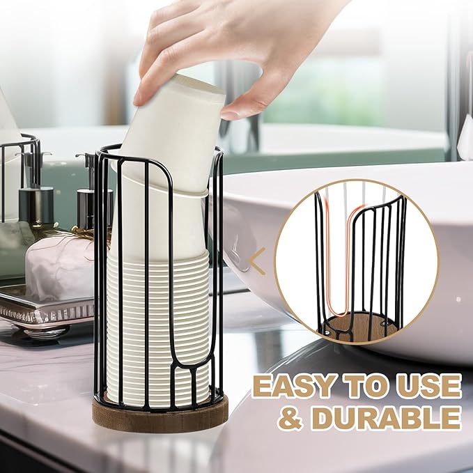 Heightened Rural Style Bathroom Cup Dispenser, 2 Pack Small Disposable Paper Cup Holder, 3oz Disposable Mouthwash Cup Storage Rack, Iron Bathroom