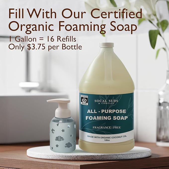 SoCal Suds & Company Glass Foaming Hand Soap Dispenser, Soft Grip Silicone Sleeve, Refillable Pump Bottle for Kids, Baby Wash & Shampoo, Ideal for Home Use, Light Grey 8oz