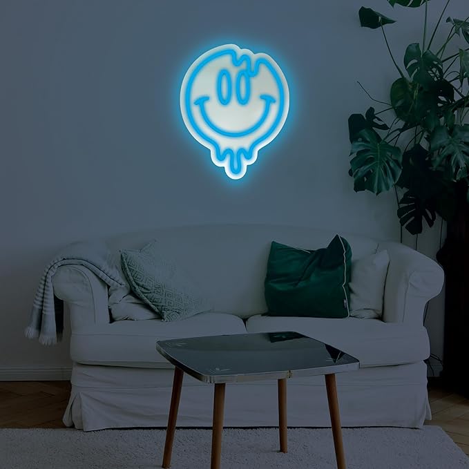 Smiley Face Neon Sign, LED Mirror Wall Light, Melting Smiley Face Decor for Girls, Cool Large Neon Sign for Room or Wall Decoration