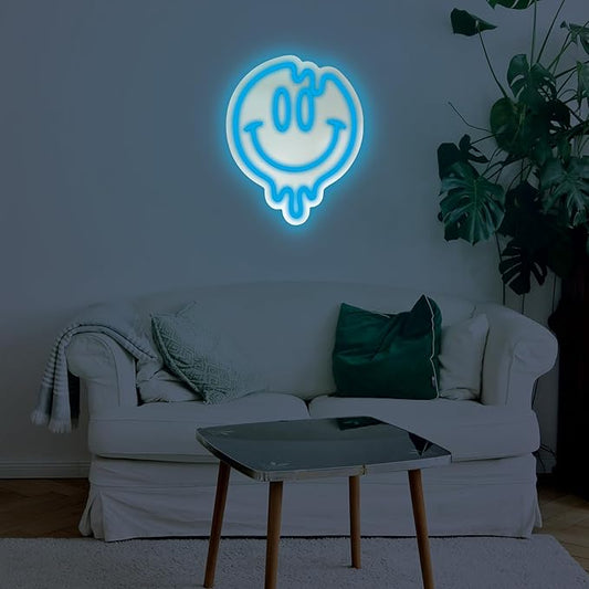 Smiley Face Neon Sign, LED Mirror Wall Light, Melting Smiley Face Decor for Girls, Cool Large Neon Sign for Room or Wall Decoration