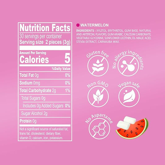 DC24 DAILY CARE Xylitol Chewing Gum with Erythritol, Aspartame Free & Sugar Free Gum for Dry Mouth, Low-Calorie, Sugarless, Watermelon, 60-Piece Pack, 4 Packs