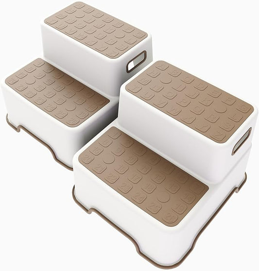 Toddler Step Stool for Bathroom sink, 2 Pack Step Stool for Kids, Plastic Potty Training Toilet Stepping Stools, Child and Baby Lightweight&No-Slip Two Step Stools for Kitchen(Off-White/Khaki)