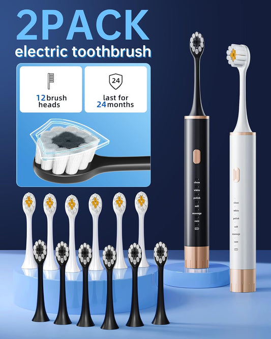 Sonic 2 Pack Electric Toothbrush for Adults and Kids, Travel Toothbrush Includes 12 Replacement Toothbrush Heads, 6 Modes with 2 MIN Smart Timer (Black White)