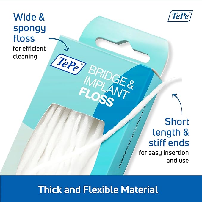 TePe Bridge and Implant Floss for Dental Implants, Bridges, and Braces, Dental Flossers, 30 Pieces (Pack of 2)
