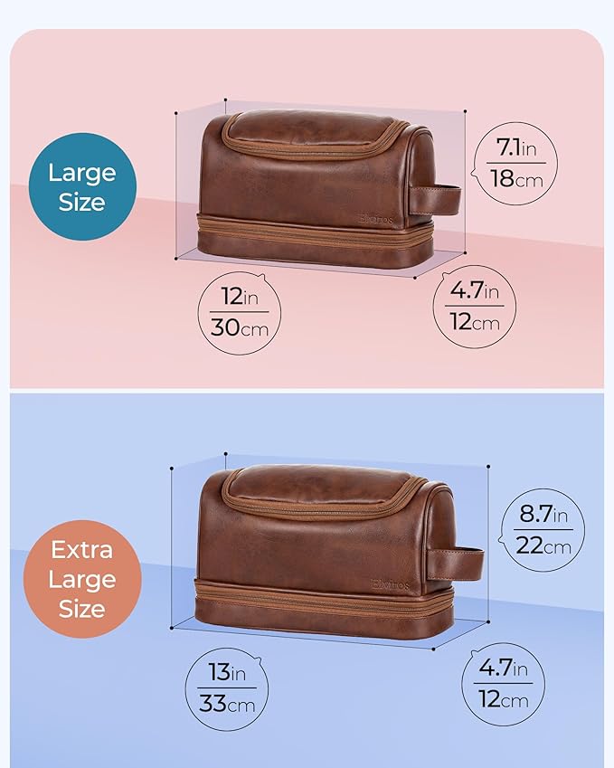 Elviros Toiletry Bag for Mens PU Leather Travel Organizer Kit with Hanging hook, Large Water-resistant Toiletries Bathroom Shaving Bag, Gift For Men (Dark Brown)