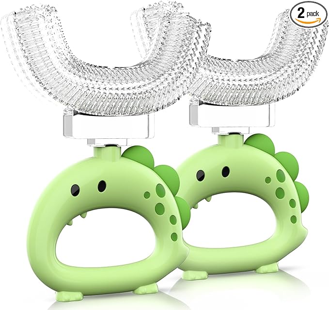 U Shaped Toothbrush - for Kids, Manual Whole Mouth Toddler Toothbrush Age 2-4 5 6 & up,Food Grade Soft Silicone Brush, 360° Oral Teeth Cleaning, Good for Dental Health, 2 Green