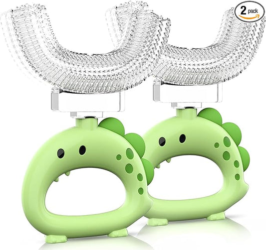 U Shaped Toothbrush - for Kids, Manual Whole Mouth Toddler Toothbrush Age 2-4 5 6 & up,Food Grade Soft Silicone Brush, 360° Oral Teeth Cleaning, Good for Dental Health, 2 Green