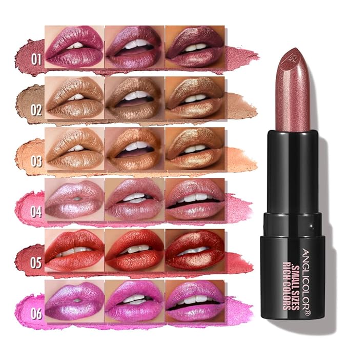 Anglicolor 6PC Mini Glitter Lipstick Set,High Pigmented,Lightweight Smooth Moisturizing Formula,Glossy Shine,Travel Size,Metallic Shimmer Lipstick Gift Sets For Women Girls Makeup kit
