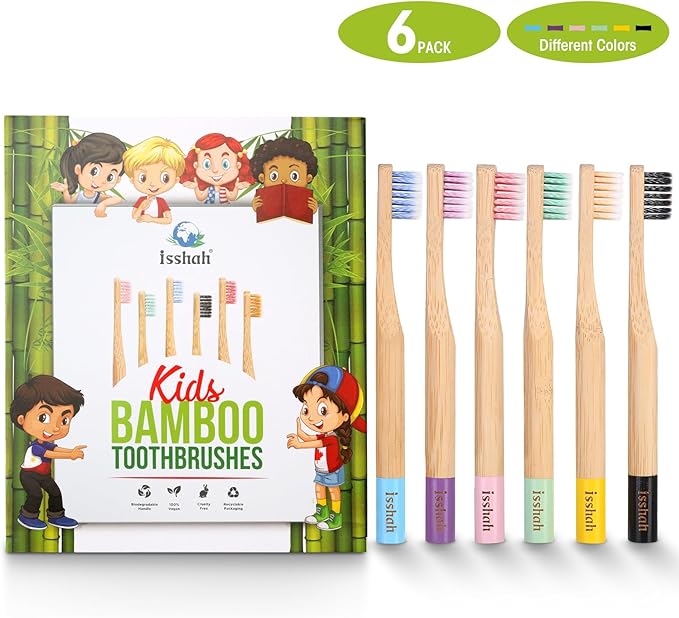 Kids Bamboo Toothbrushes Biodegradable Handle BPA Free Eco Friendly Children Size, FSC Certified and PETA Approved, Pack of 6 (Spiral Soft Nylon Bristles)