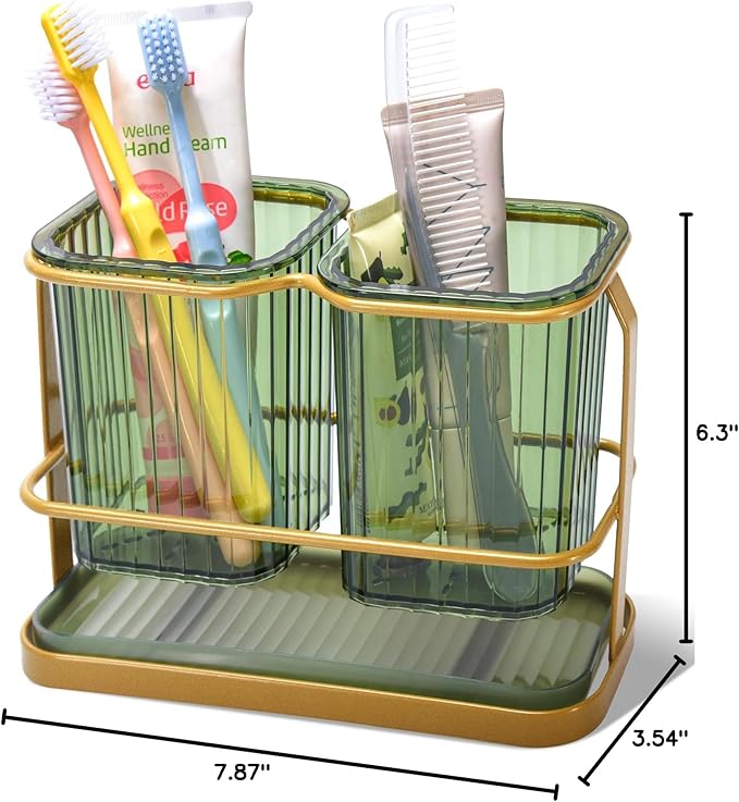 KONE Green Toothbrush Holders for Bathrooms, 2 Cups Toothbrush Holders Wall Mounted, Dry & Wet Separation, Bathroom Organizers and Storage, Bathroom Toothbrush Holder Set for Family Kids