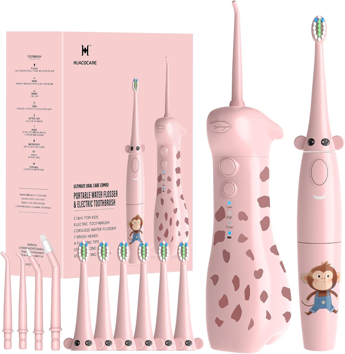 2-1 Kids Oral Clean Kit- Water Dental flosser & Electric Toothbrush Combo for Kids-Brushing & Flossing-Safe & Effective -Cute Giraffe and Monkey Theme