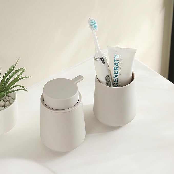 Matte Beige Bathroom Accessories 2 Piece Set Plastic Soap Dispenser and Toothbrush Holder for Modern Bathroom Decor