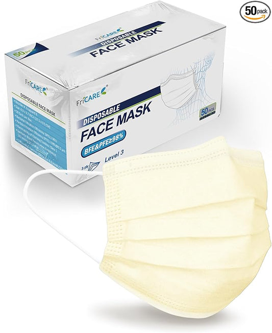 FriCARE Disposable Face Masks, 3-Ply ASTM Level 3 Medical Grade, FSA/HSA Eligible, Breathable & Comfortable for Allergy/Sun Protection, 50 Pack Cream