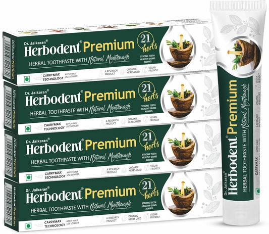 Herbodent® Premium Toothpaste - 5.82 Oz Pack of 4 | 21 Herbs for Strong Teeth & Healthy Gums- Neem, Clove, Cinnamon, Cardamom with Natural Mouthwash-No Paraben, No Fluoride, No Saccharin, No Triclosan