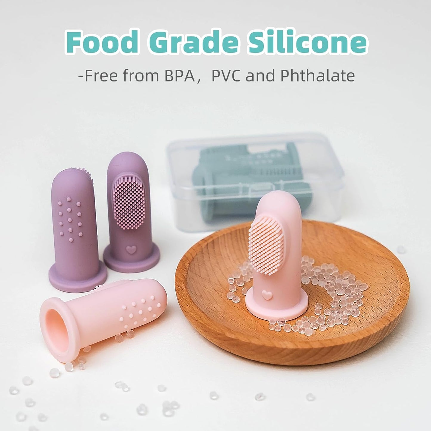 BumbleBee Silicone Baby Finger Toothbrush, Oral Cleaning & Teething Brush for Infants & Toddlers, 0 Months+, 2 Count with Travel Storage Case - Misty Blue