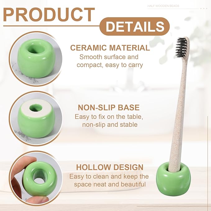 uxcell 2 Pcs Mini Ceramics Toothbrush Holder Stands, Sleek Mini Countertop Toothbrush Round Shape Ceramic Holder Stand for Bathroom Vanity Countertops, Green