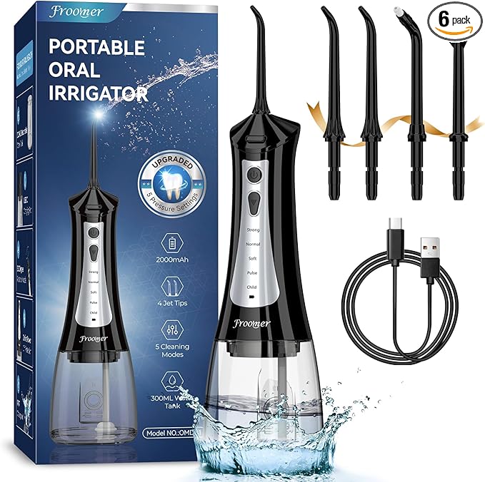 Froomer Water Flosser，Water Dental Forsser for Teeth Clean, 5Modes 4 Jet Tips,Rechargeable Portable Water Flossers for Teeth,300ML Tanks for Travel Friendly(Black