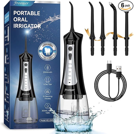 Froomer Water Flosser，Water Dental Forsser for Teeth Clean, 5Modes 4 Jet Tips,Rechargeable Portable Water Flossers for Teeth,300ML Tanks for Travel Friendly(Black