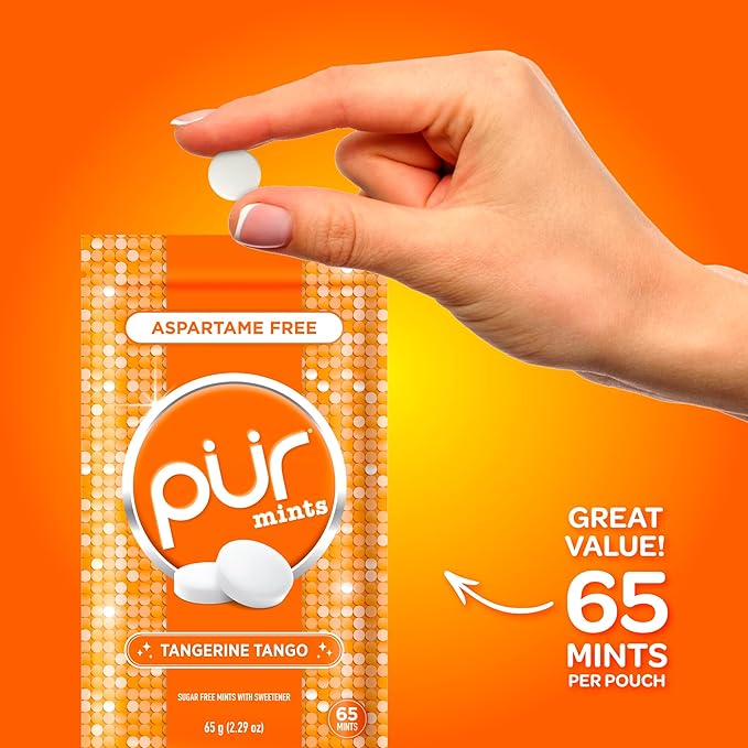 PUR Mints | Aspartame Free Breath Mints | Made with Xylitol | Sugar Free, Vegan, Gluten Free | Natural Tangerine Tango Flavor | 65 Pieces in Re-Sealable pouch (Pack of 1)