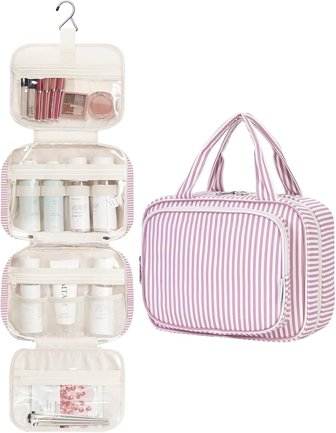 Narwey Striped Hanging Toiletry Bag for Women Travel Makeup Bag Organizer Toiletries Bag for Travel Size Essentials Accessories Cosmetics (Dusty Pink Stripe (Medium))