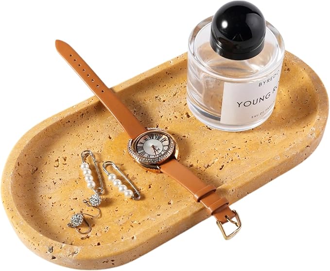 Koville Natural Travertine Tray for Bathroom Vanity, Noble Golden Yellow Bathroom Marble Trays for Countertop Organizer, Decorative Home Décor Catchall Tray for Perfume, Candles, Jewelry Dish Trays