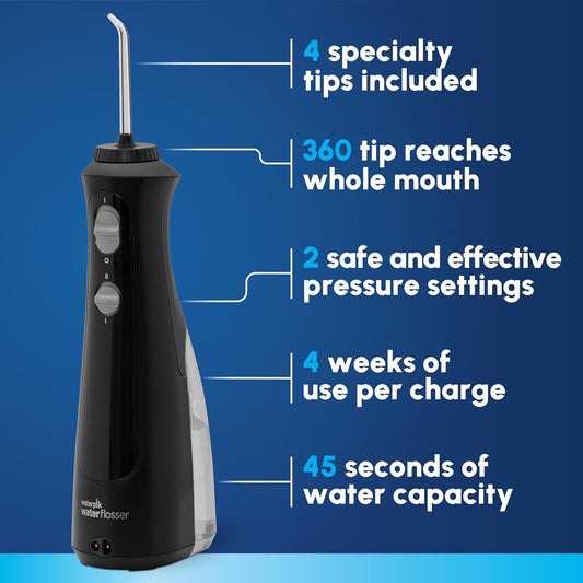 Waterpik Cordless Pearl Rechargeable Portable Water Flosser for Teeth, Gums, Braces Care and Travel with 4 Flossing Tips - ADA Accepted, WF-13 Black, Packaging May Vary