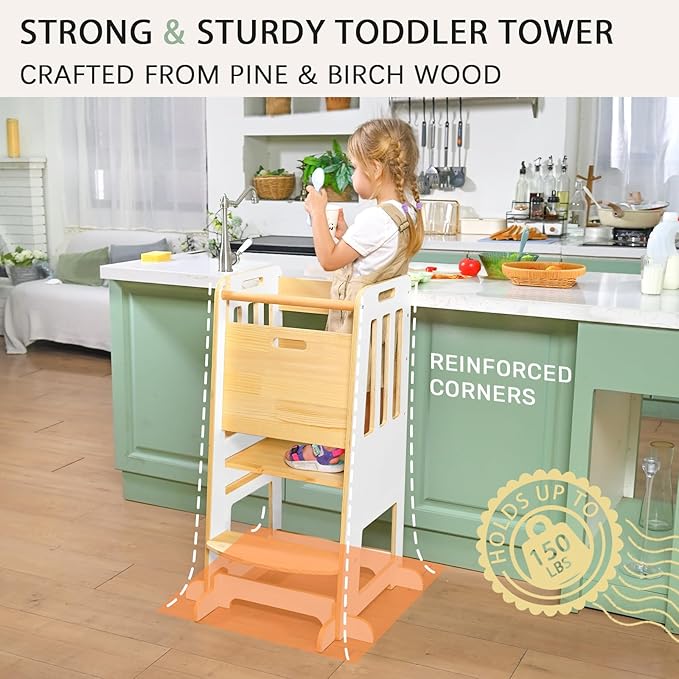 WINGYZ Toddler Kitchen Stool – Adjustable Helper Tower for Kids with Safety Rail, Wooden Standing Step-Up Stool, Sliding Door & Stable Base, White