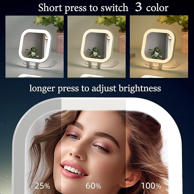 FUNTOUCH Compact Travel Mirror with Light, Rechargeable Double-Sided 1X10X Magnification with 3 Lights, Handheld Tabletop Portable Hanginig Mirror with Bag, Dimmable Touch Screen