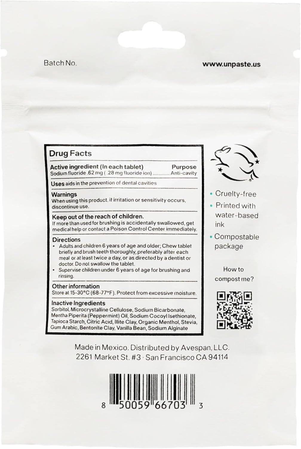New Formula, Unpaste Toothpaste Tablets, Fluoride Mint, Xylitol Free, Vegan, Plastic Free, Travel-Friendly, Resealable Packet, 125ct, 2 Month Supply