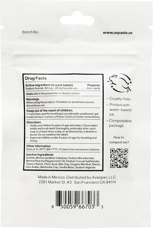 New Formula, Unpaste Toothpaste Tablets, Fluoride Mint, Xylitol Free, Vegan, Plastic Free, Travel-Friendly, Resealable Packet, 125ct, 2 Month Supply