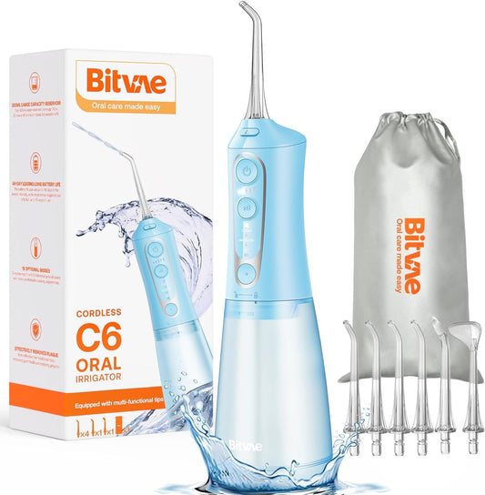 Bitvae Water Dental Flosser Teeth Pick, Cordless Flosser for Travel with 6 Jet Tips, 3 Modes 5 intensities, IPX7 Waterproof Portable & Rechargeable Oral Irrigator Cleaner, Sky Blue
