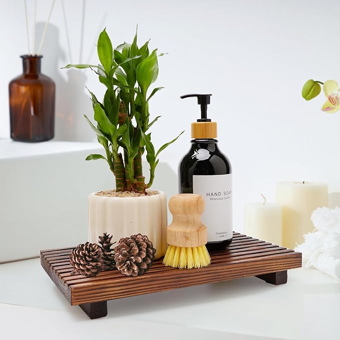 Renawe Farmhouse Bathroom Counter Tray Wood Display Pedesta Stand Kitchen Countertop Trays Decorative Wooden Riser Dish Soap Dispenser Holder for Bathroom Sink Accessories Kitchen Decor Vanity Tray