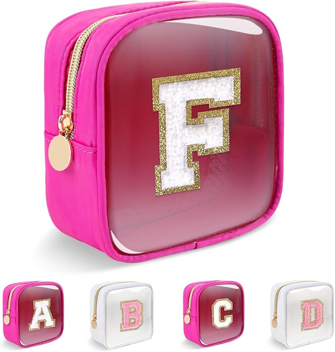 Personalized Initial Letter Clear Preppy Makeup Bag,Mini Nylon Chenille Letter Cosmetic Bag Cute Zipper Pouch Coin Purse for Teen Girls,Portable TSA Approved Travel Essentials Bag Gift for Women,F