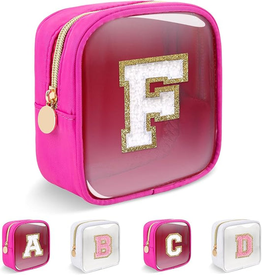 Personalized Initial Letter Clear Preppy Makeup Bag,Mini Nylon Chenille Letter Cosmetic Bag Cute Zipper Pouch Coin Purse for Teen Girls,Portable TSA Approved Travel Essentials Bag Gift for Women,F