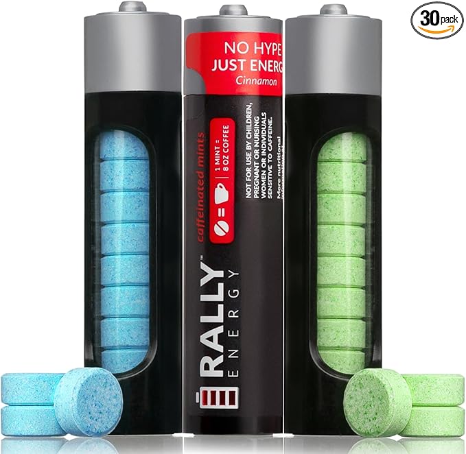 Rally Caffeine Mints, 60 Milligram, Instant Energy, Fresh Breath, Caffeinated, 0 Sugar, Natural Peppermint, Cinnamon, Wintergreen Variety Pack (3 Packs, 30 Mints)