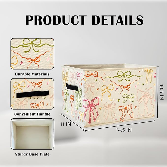Preppy Bow Aesthetic Storage Basket Bin With Handles for Girls Kids, Preppy Bow Decor Foldable Organizer for Girls Room Nursery Bedroom Bathroom Clothes Toys Books
