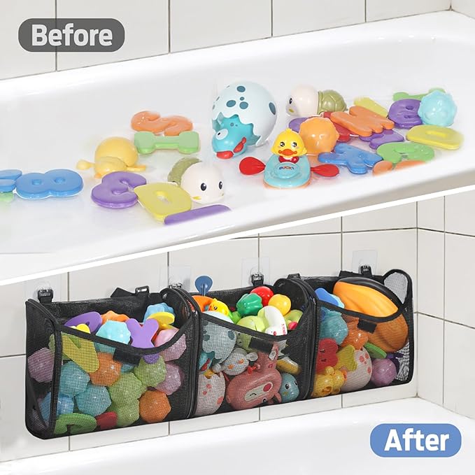 Bath Toy Storage, Goowin Bath Toy Holder, 3 Compartment Large Openings Bath Toy Organizer, Large Capacity Bath Tub Toy Holder, Kids Bathtub Toy Storage For Accessing & Sorting Toys (Black, Upgrade)