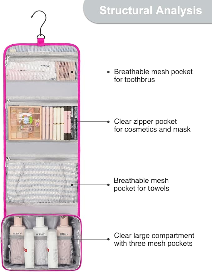 Relavel HangingTravel Toiletry Bag for Women, Large Capacity Toiletries Bag, Travel Essentials Organizer, Hanging Makeup Case for Accessories, Waterproof Bathroom Shower Bag (hot pink)