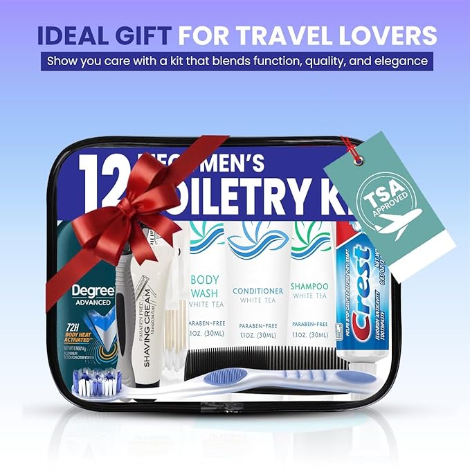 Trektote Bulk Hygiene Kit For Men – (5 Pack) 12 Piece Set Of Travel Size Toiletries, TSA Compliant, Bulk Travel Essentials, Includes Shampoo And Conditioner, Body Wash, Toiletry Bag & More