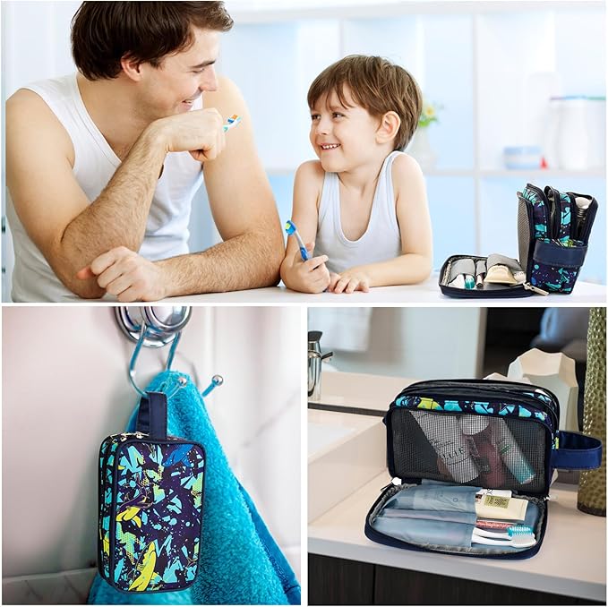 Shark Kids Toiletry Bag for Boys, Travel Toiletry Bag for Little Young Boys Waterproof Hanging Wash Bag Toddler Traveling Toiletries, Navy