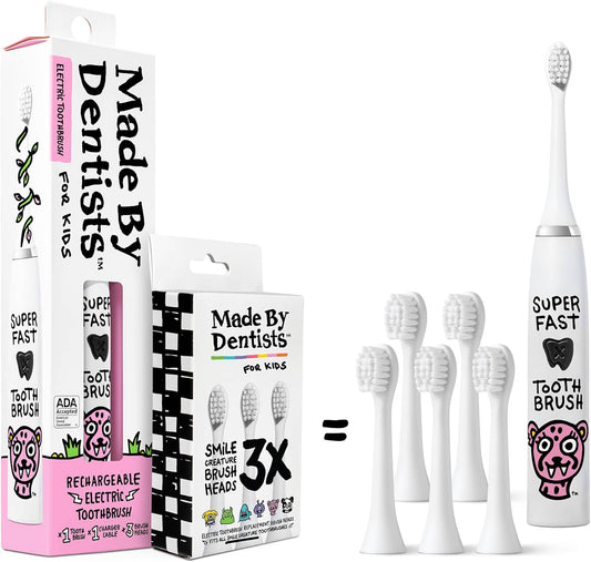 Made by Dentists Kids Electric Toothbrush - Rechargeable Vibrating Toothbrush with Timer, Includes 6 Replacement Heads, Halloween Gifts for Kids, Girls and Boys, Kid & Toddlers Age 2+, Cheetah