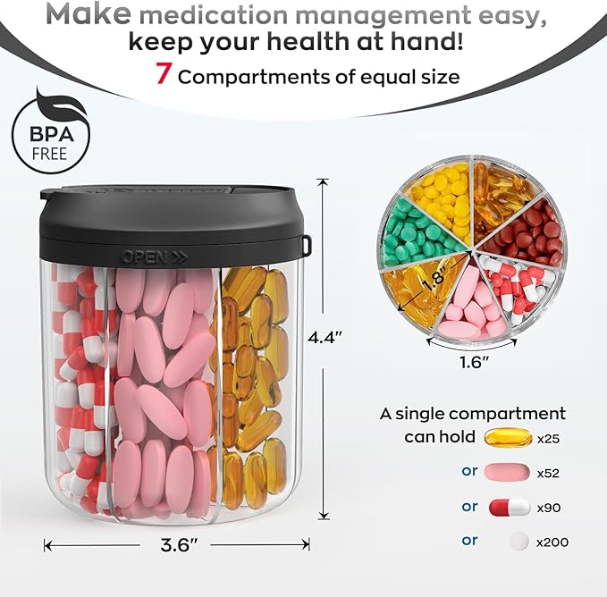 Pill Dispenser with 7 Large Compartments, Pill Organizer for Travel, Supplement Organizer with Anti-Mixing Design, BPA-Free Pill Container with 20 Pcs Labels, Black+ Grey